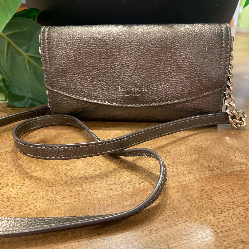 Kate Spade New York Eva Wallet on a Chain Leather Metallic Beige Brown